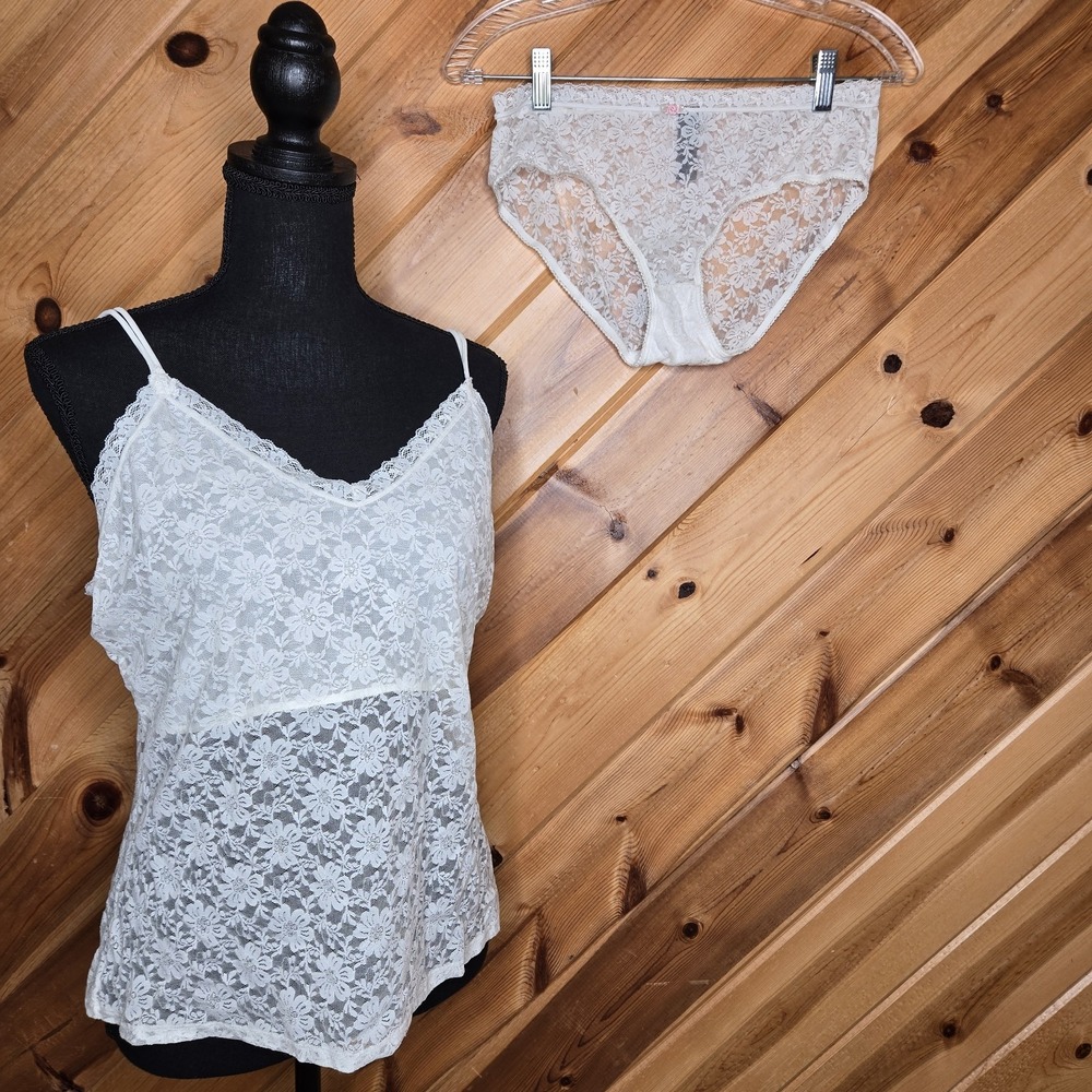 Vtg Secret Treasures Sheer Lace Cami And Breif Panties White Rosebud XL Lingerie